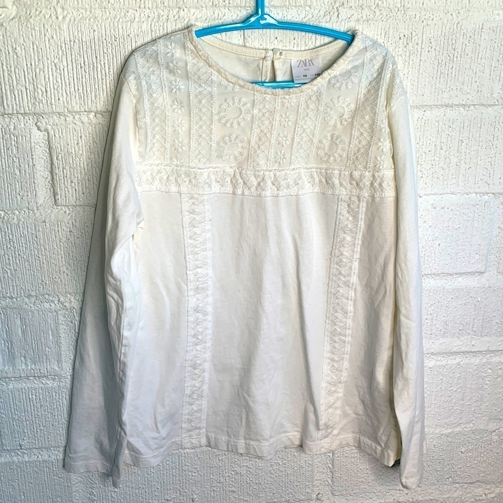 Zara Lace Cotton White Long Sleeve Girls Kids Top sz 10